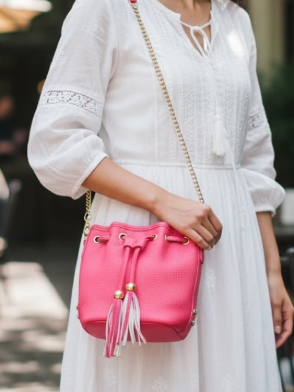 Color Me Coral Pink Vegan Drawstring Bucket Bag with Chain Strap & Grommets